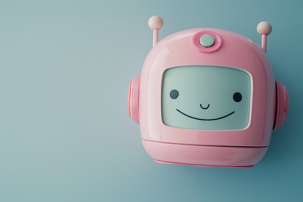 Robot de juguete de plástico violeta con una cara sonriente en un fondo azul eléctrico