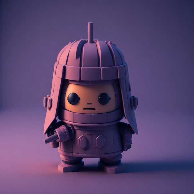 Un robot lego morado con un casco.