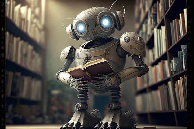 Un robot leyendo un libro en una biblioteca.