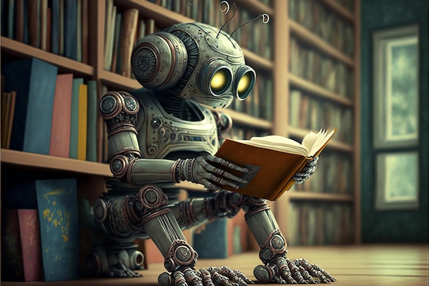 Robot leyendo un libro en una biblioteca | Foto Premium