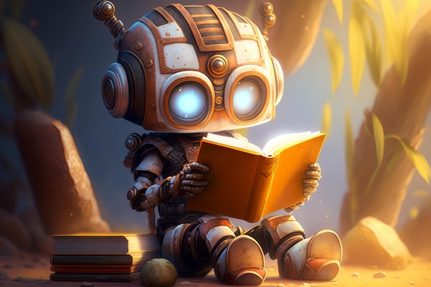 Robot leyendo un libro en el bosque IA generativa