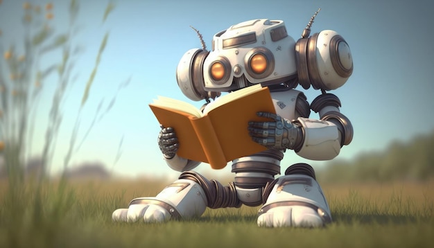 Un robot leyendo un libro en un campo.