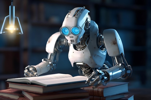 robot leyendo un libro en luz azul