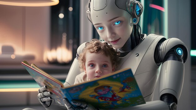 Robot leyendo un libro a un niño tecnologías futuristas de inteligencia artificial