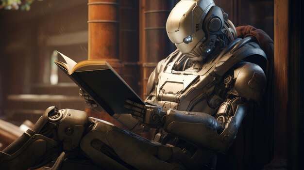 Un robot leyendo un libro.