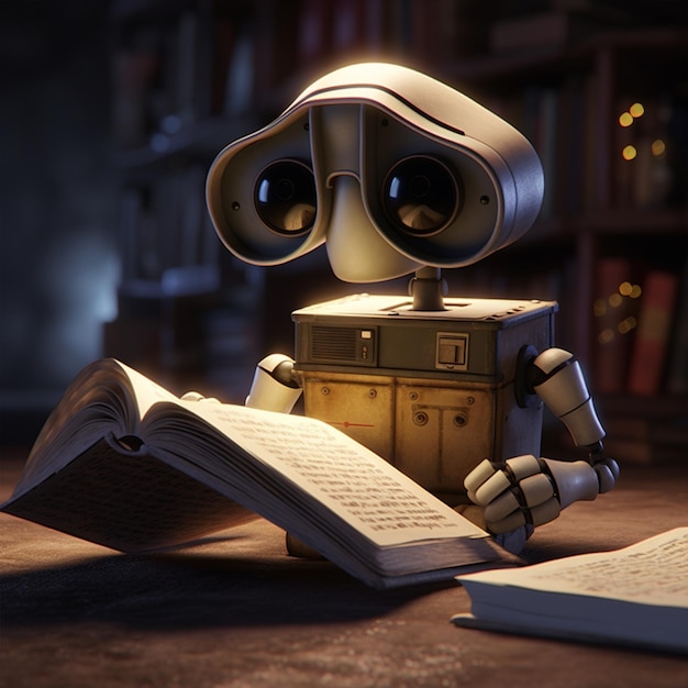 Foto un robot leyendo un libro.