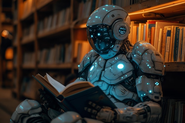 Robot liest ein Buch in der Bibliothek