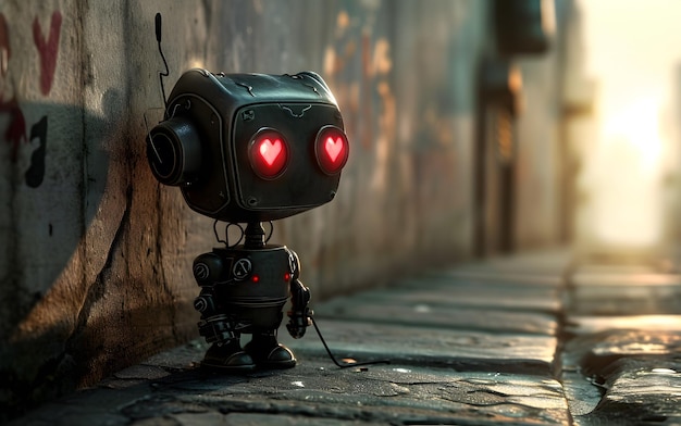 Un robot lindo con un corazón rojo en la calle por la noche