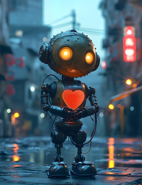 Un robot lindo con un corazón rojo en las manos. Concepto de amor.