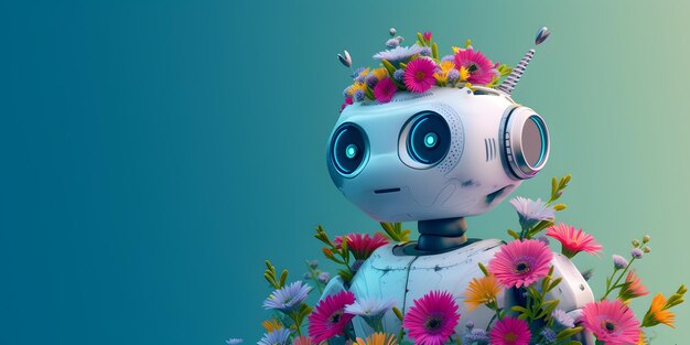 Robot lindo y flores coloridas Concepto de creación de IA generativa