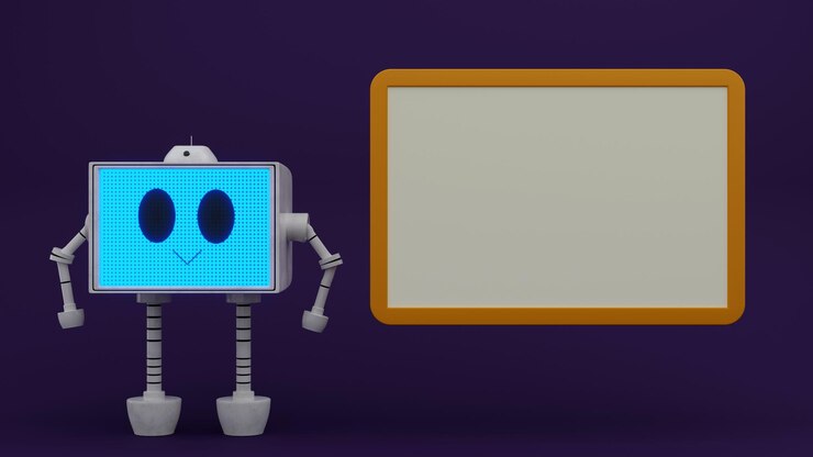 Foto robot lindo y lienzo en blanco sobre fondo morado. ilustración 3d, maqueta.