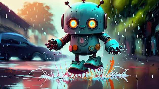 Foto un robot lindo bajo la lluvia.