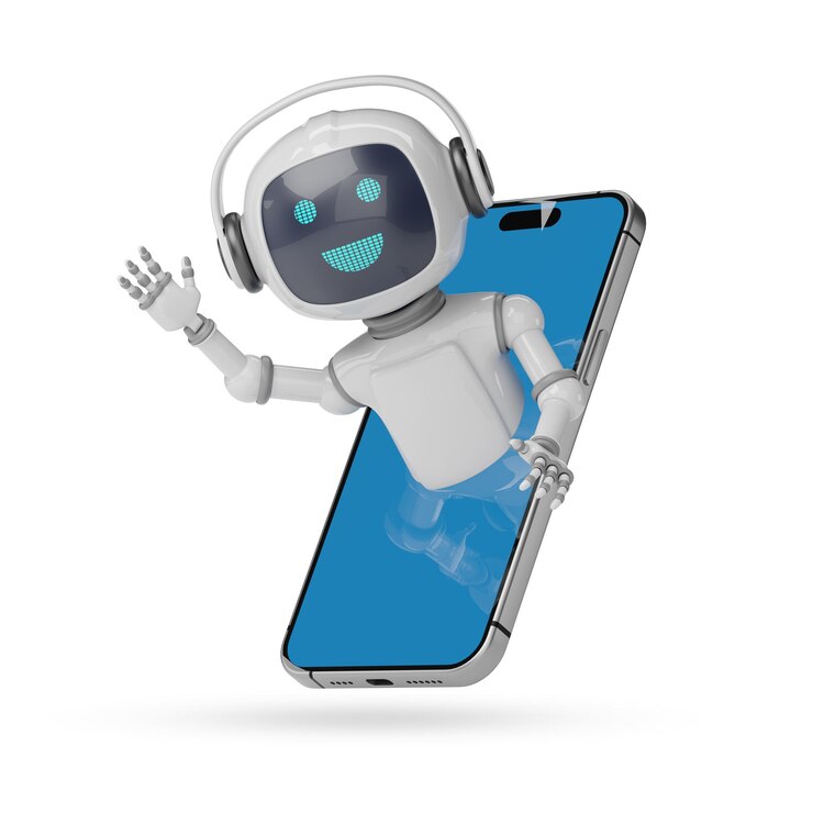 Foto un robot lindo saliendo de una pantalla de teléfono móvil aislado en un fondo blanco ilustración 3d