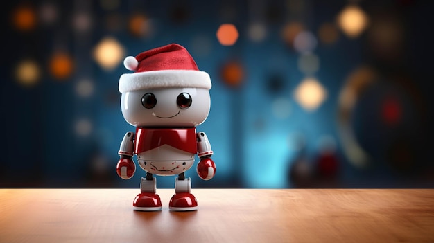 Foto robot lindo con sombrero de navidad en el fondo de bokeh de navidad