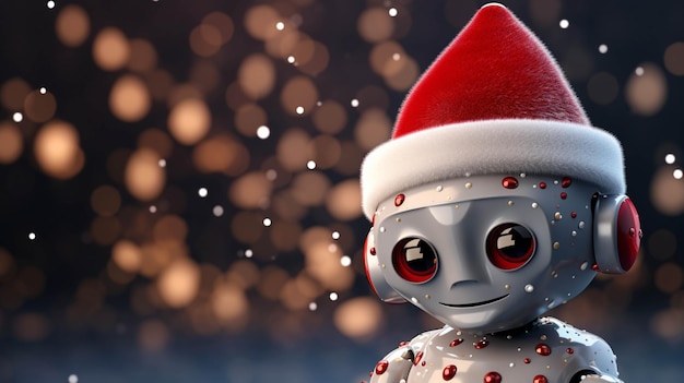 robot lindo con sombrero de Navidad en el fondo de bokeh de Navidad