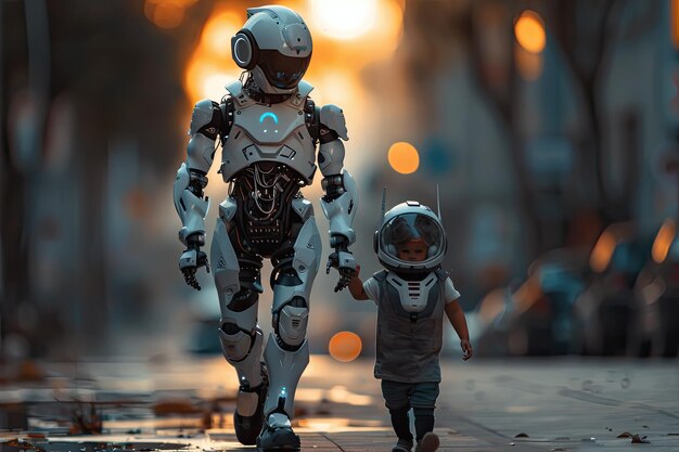 Foto el robot lleva por la mano a un niño con un casco virtual