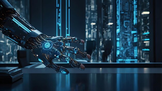 un robot con un logotipo en la mano izquierda