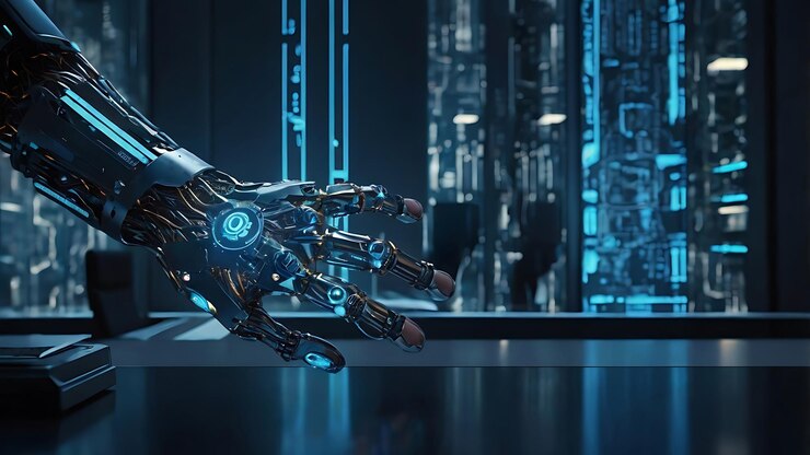 un robot con un logotipo en la mano izquierda