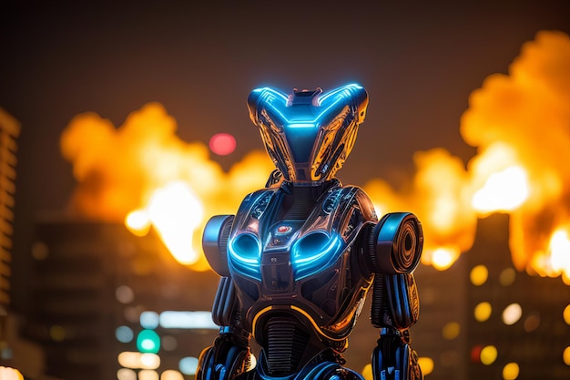 Un robot con luces azules y un casco negro se para frente a un paisaje urbano.