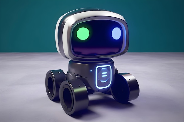 Un robot con luces azules está sobre un fondo gris.