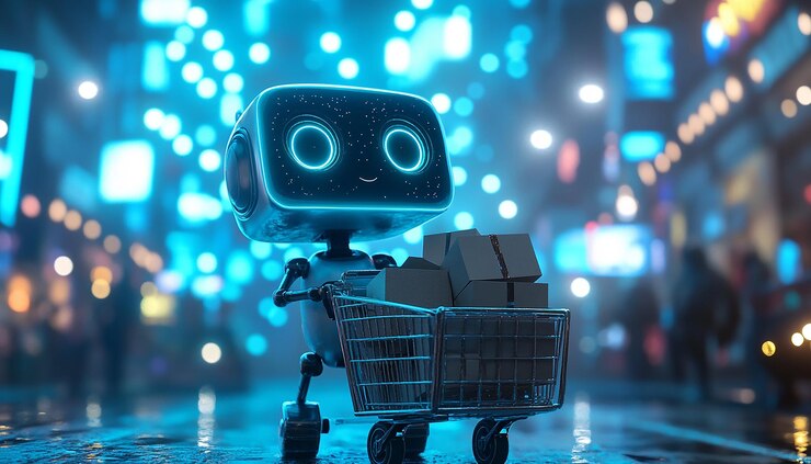 Foto un robot lúdico en un entorno azul futurista empujando un carrito con paquetes