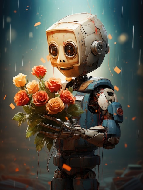 Un robot de lujo sosteniendo un ramo de flores