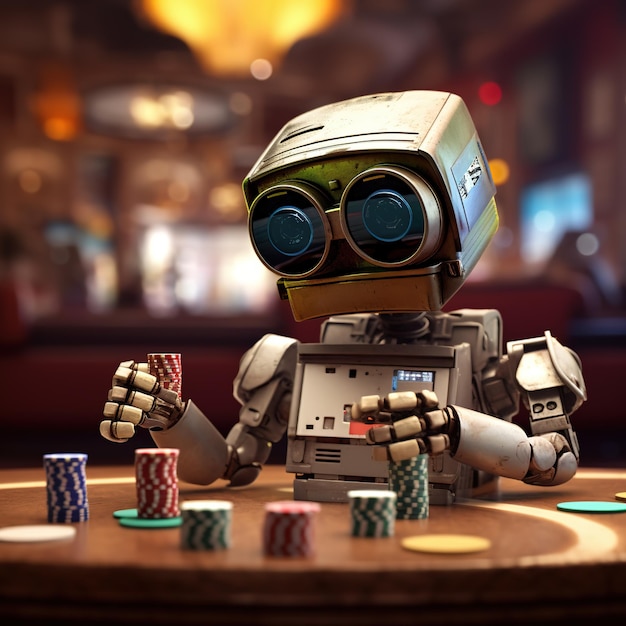 un robot con una lupa en la cabeza se sienta en una mesa con fichas de póquer