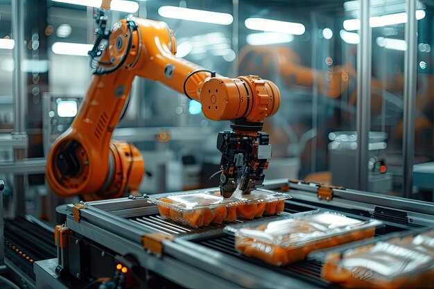 Un robot manipulador naranja empaca comida