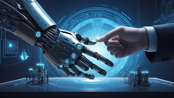 un robot con una mano apuntando a la derecha y una persona apuntando a su mano