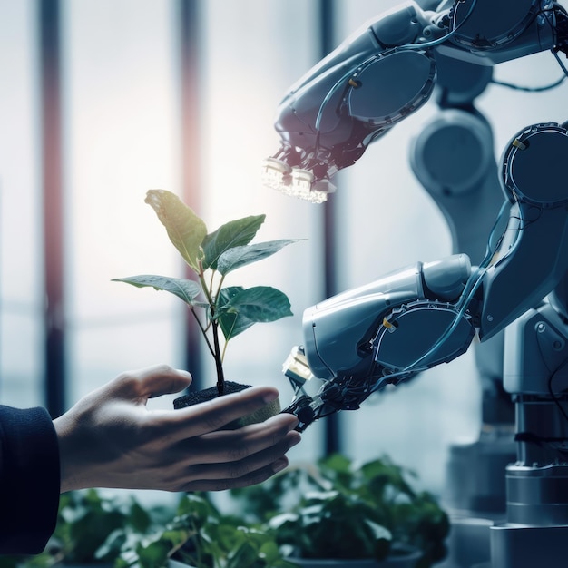 Robot mano y hombre sosteniendo una planta generativa ai