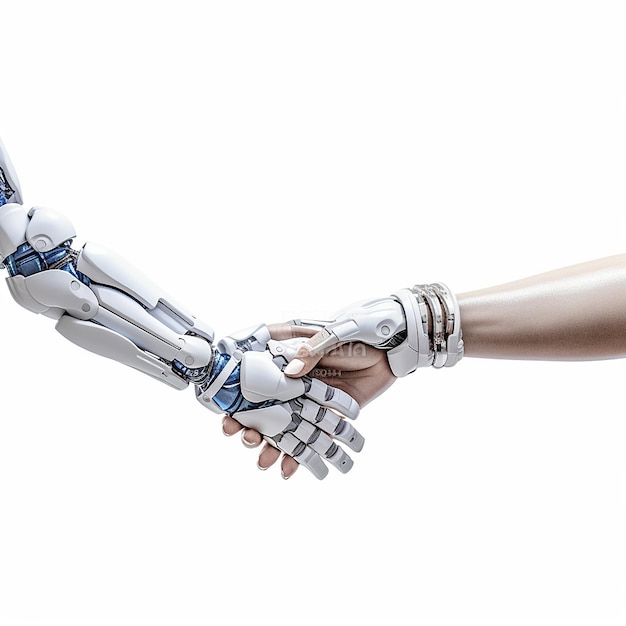 Robot y mano humana aislar agitando fondo blanco Imagen generada por AI