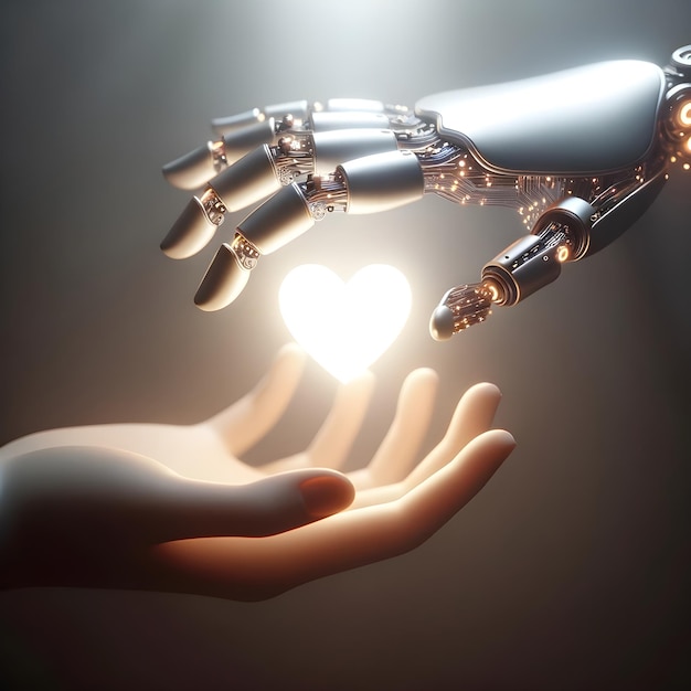 Robot y mano humana sosteniendo un corazón ligero