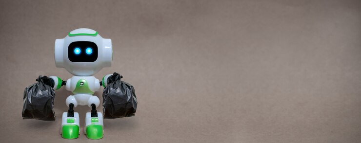 Foto robot mantenga la tecnología de bolsas de basura reciclar el medio ambiente sobre un fondo gris
