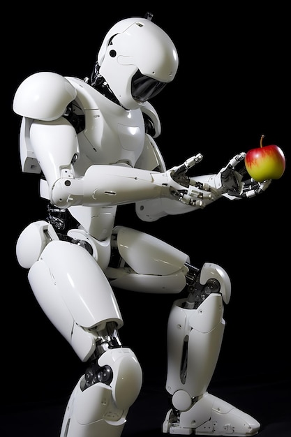 Un robot con una manzana roja en sus manos.