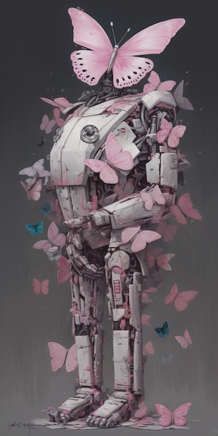 Un robot con mariposas rosas en la espalda.