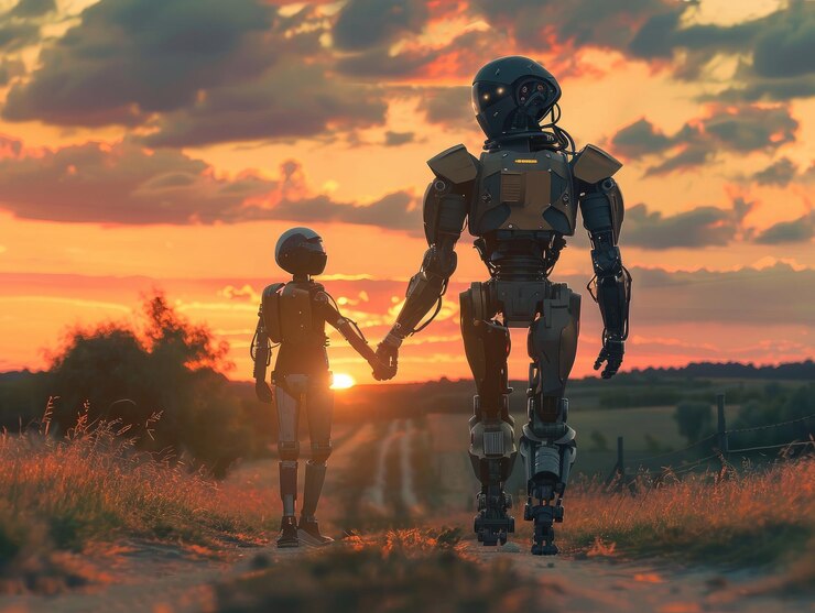 Un robot masculino y un humano granjero tomados de la mano en un camino de tierra que representa un viaje hacia un mejor