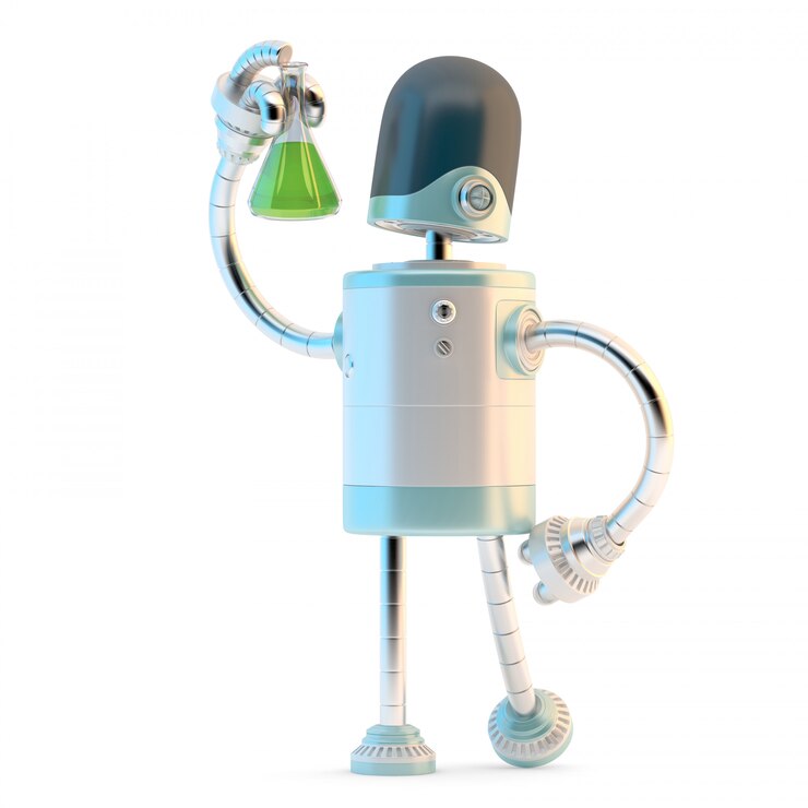 Foto robot con matraz de prueba. concepto de investigación de tecnología. ilustración 3d. contiene pat de recorte