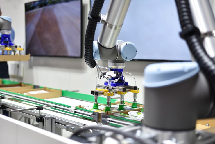Foto robot mecánico con inteligencia artificial clasifica los productos en el transportador.
