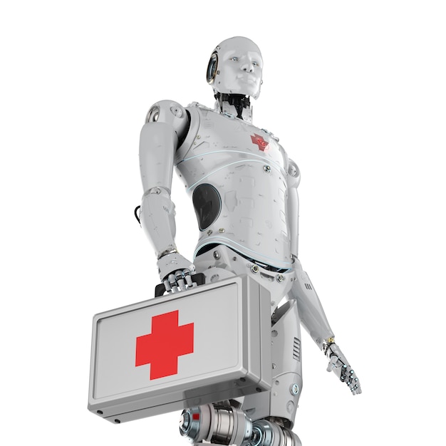 Robot médico de renderizado 3D con signo de cruz roja sobre fondo blanco.