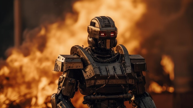 Robot militar contra el telón de fondo de fuego AI generativo