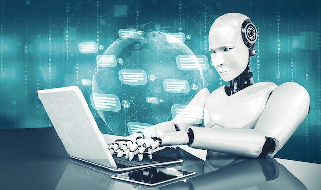 El robot Mlb ai utiliza la computadora para chatear con el cliente concepto de chat bot