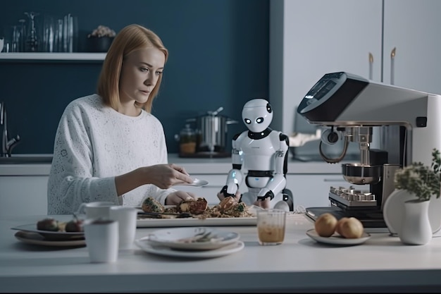 Robot moderno equipado con IA generativa ayuda a una mujer solitaria en la cocina