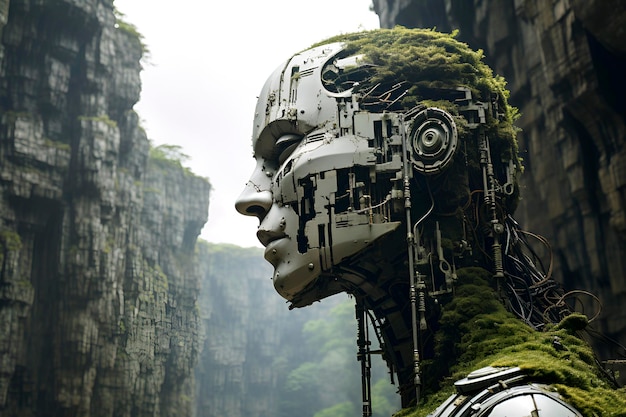 Robot en las montañas y con plantas ciudad en ruinas El concepto del futuro apocalipsis AI generado