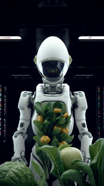 Un robot con un montón de frutas en el medio.