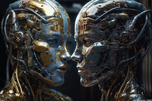 Un robot y una mujer están uno frente al otro.
