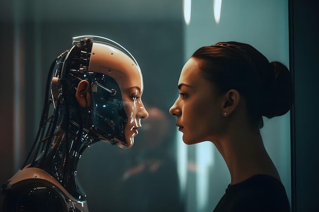 Un robot y una mujer uno frente al otro