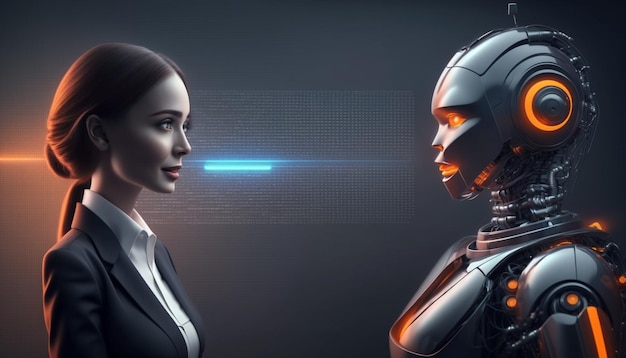 Un robot y una mujer uno frente al otro