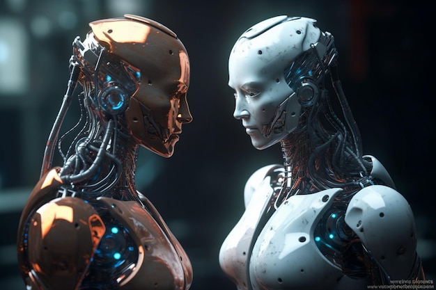 Un robot y una mujer uno frente al otro