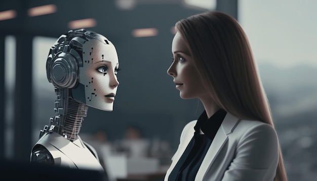 Un robot y una mujer hablando entre ellos.