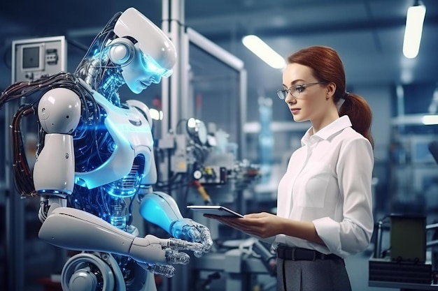 Foto un robot con una mujer en un laboratorio con una mujer con una camisa blanca y un robot azul en el fondo